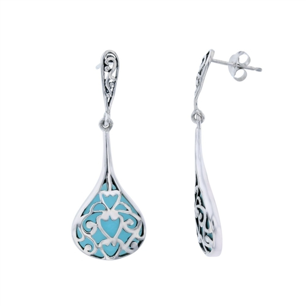 925 Sterling Silver Larimar Elongated Teardrop Filigree Overlay Post Earrings